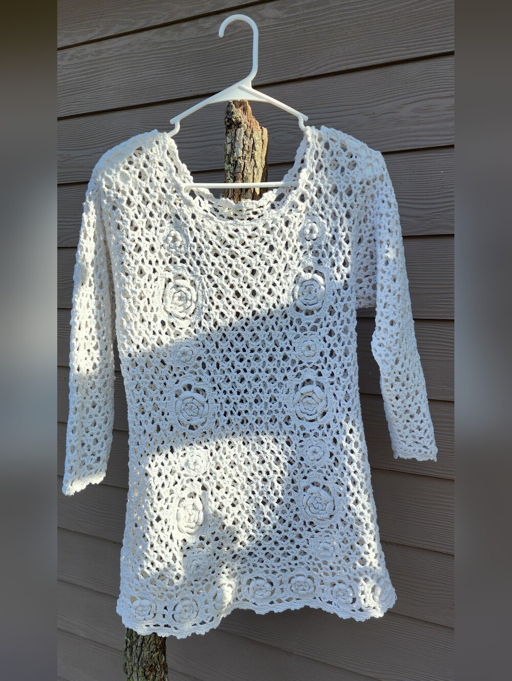 White Cotton Crochet Floral Knit Dress